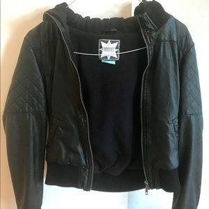 Dravus Hooded Black Faux Leather Jacket | Sz M